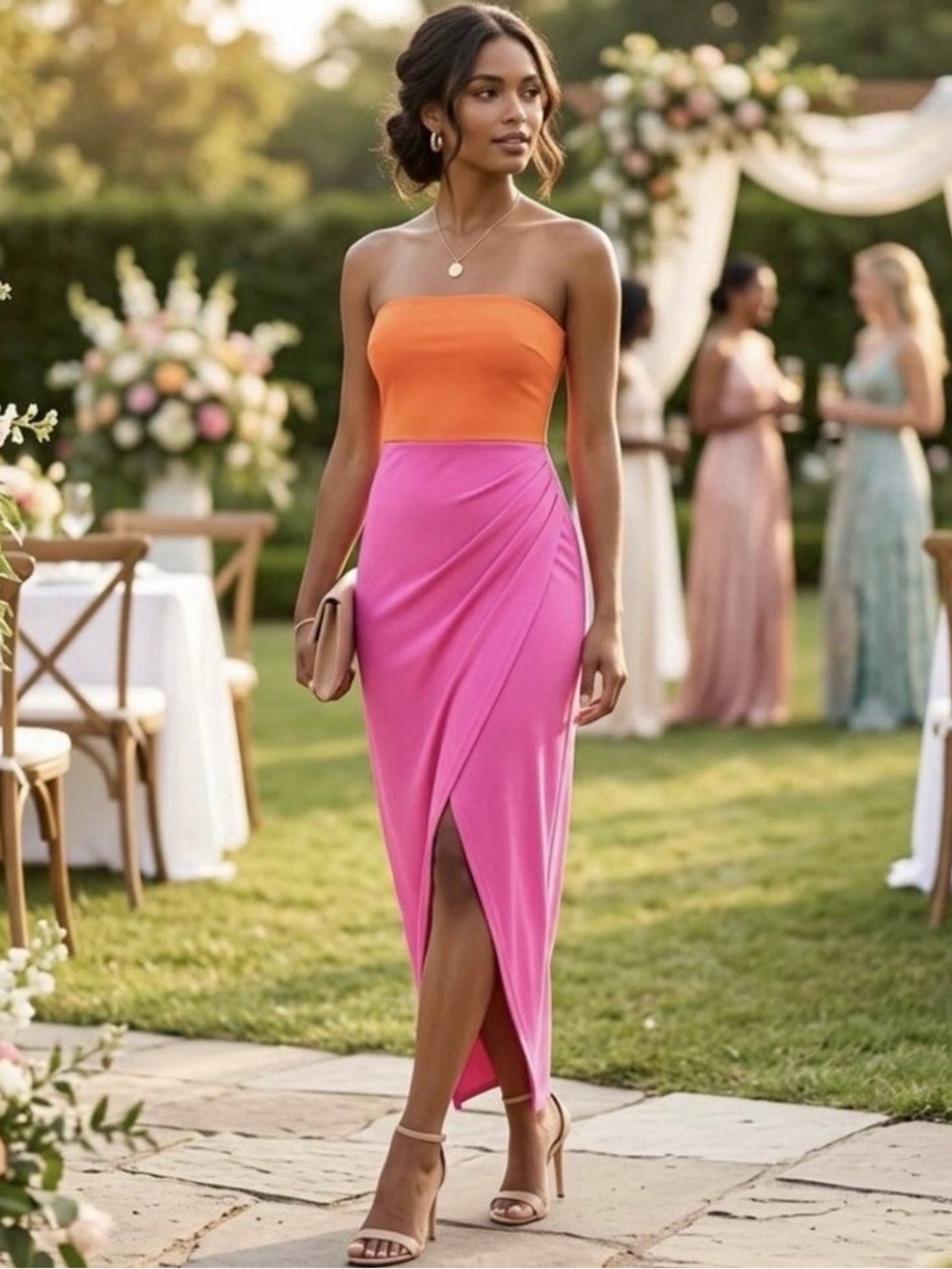 Strapless Two-Tone Orange & Pink Maxi Dress